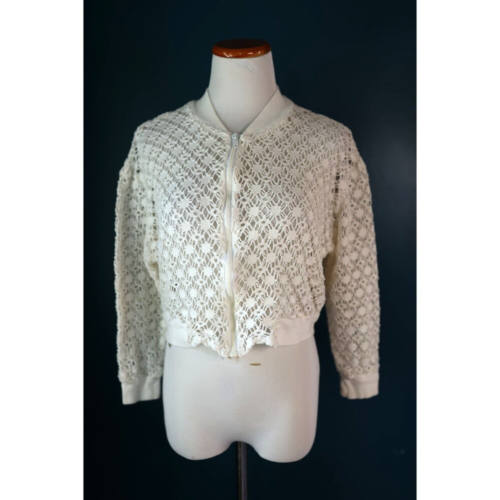 Vintage 90 Pacific Connection White Crochet Cropped Zip Jacket Coastal Beach M